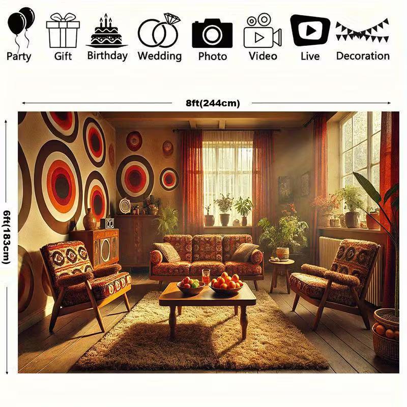 2D Retro Living Room Photography Backdrop 70s Mid-Century Modern Background 47.2x31.5inch/120*80cm