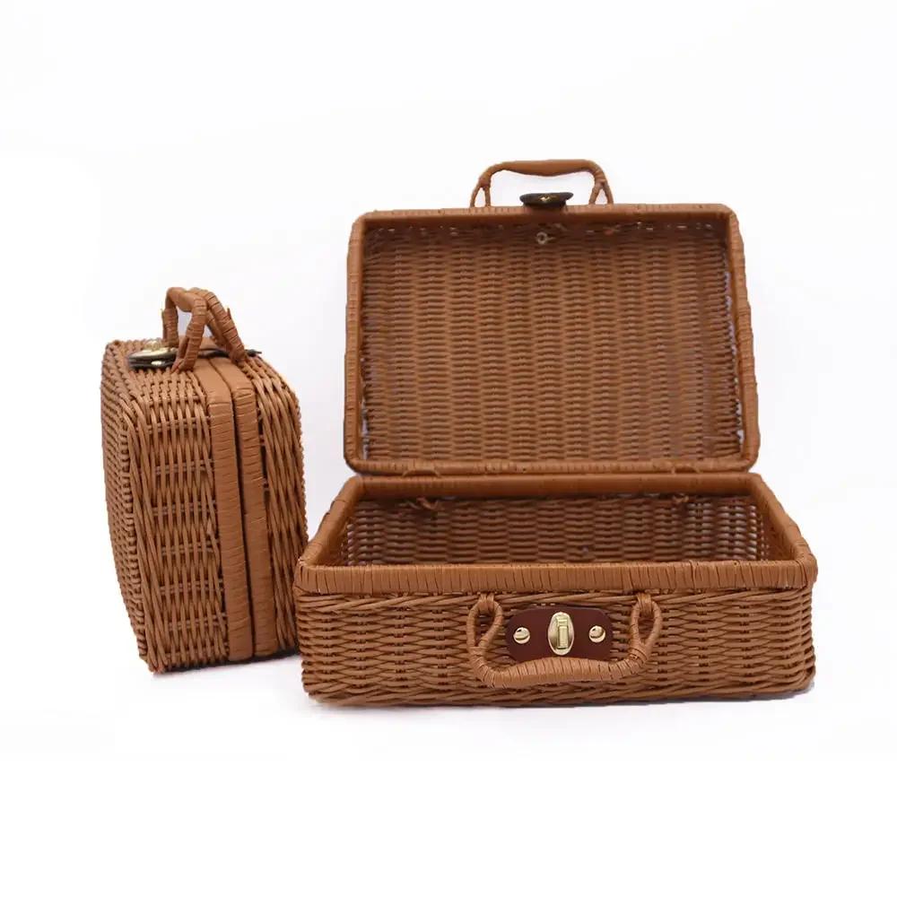 Manual Woven Cosmetic Storage Box Retro Rattan Suitcase with Hand Gift Box Wicker Rattan Picnic Laundry Baskets Home Storage
