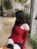 Spicy Red Cutout Cold Shoulder Turtleneck T-Shirt for Women – Slimming & Flattering Spring/Autumn Base Layer