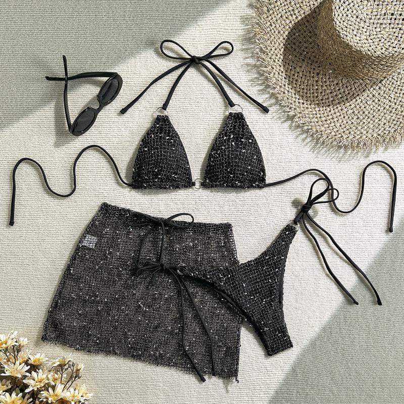 Women Sexy Strappy Special Mesh Three Piece Bikini Swimwear