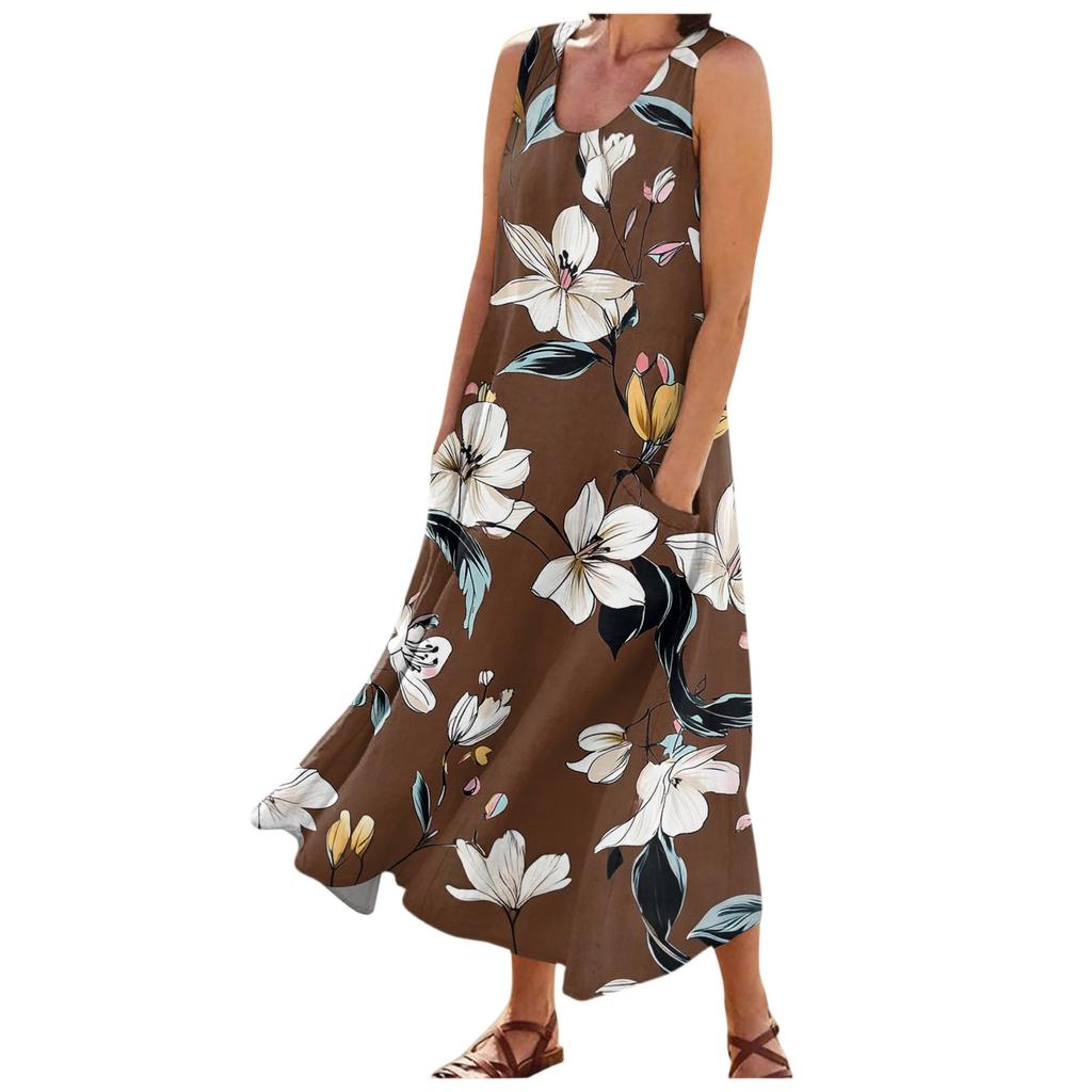 Women's Fashion Summer Casual Sleeveless Floral Printed Small Pocket Dresses