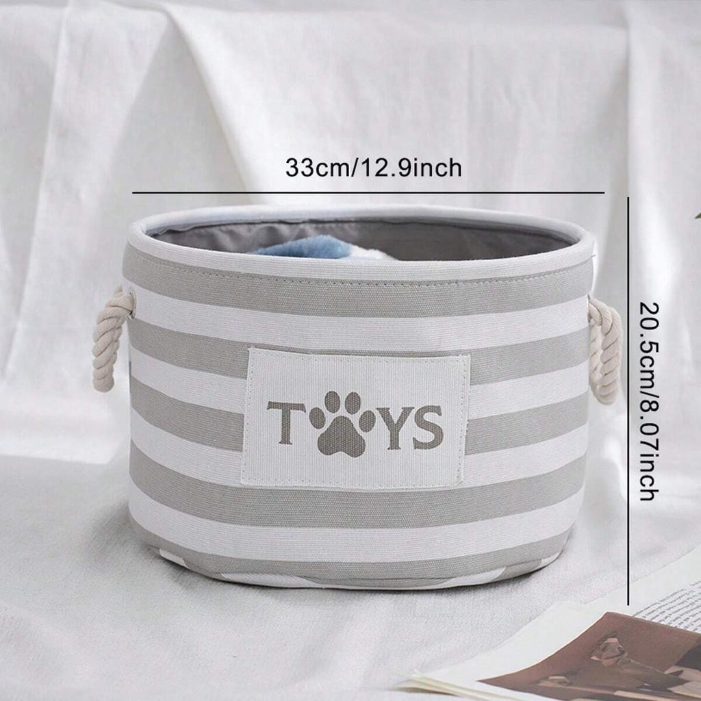 1pc-A Foldable Striped Pet Toy Basket and a Dog Toy Storage Box with a Woven Rope Handle
