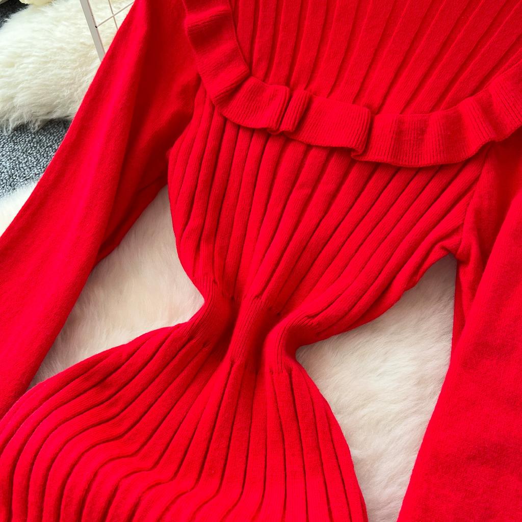 Autumn Spring Women Casual Stand Collar Full Sleeve Long Midi Knitted Sweater Pullover Dresses