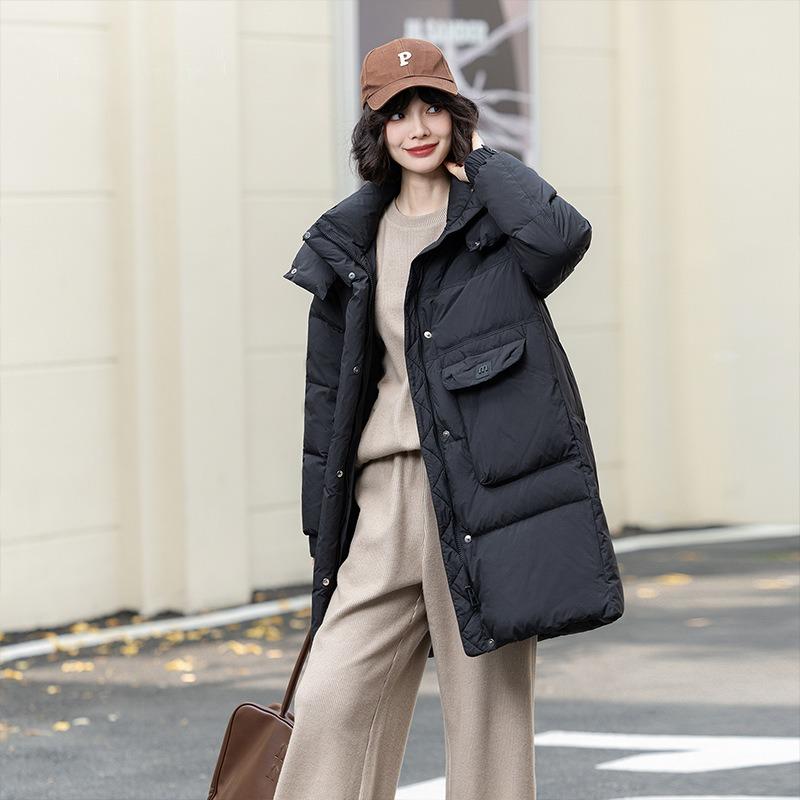 Duck Down Winter New Casual Versatile Warm Down Jacket Women's Medium and Long Hooded Jacket