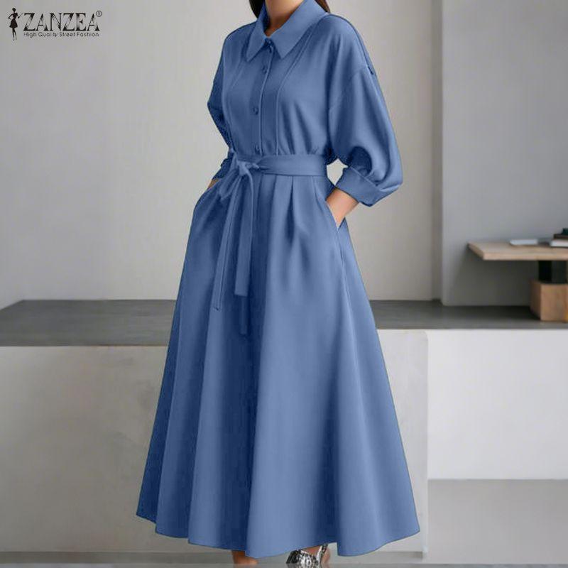ZANZEA Women Casual Turn Down Collar Loose Long Sleeve Spring Autumn Dress