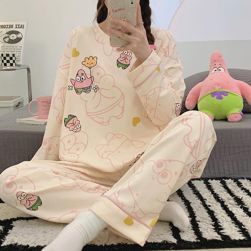 Niedlicher Cartoon-Pyjama für Damen: Reine Baumwolle, Langarm, Rundhalsausschnitt-Pullover, Frühling/Herbst