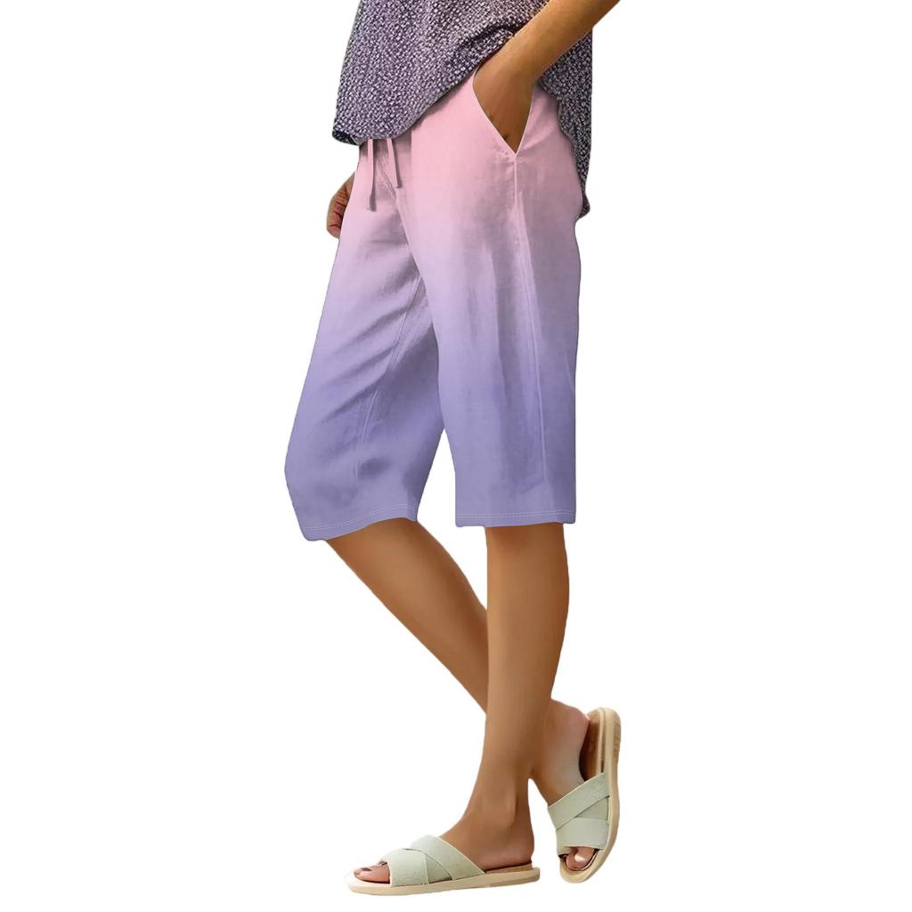 Women's Summer Elasticated Tie Waist Gradient Colour Cotton Linen Loose Shorts
