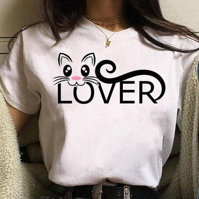 Camisetas Femininas de Algodão Branco de Manga Curta e Gola Redonda Larga com Estampa Criativa de Mãe Gata