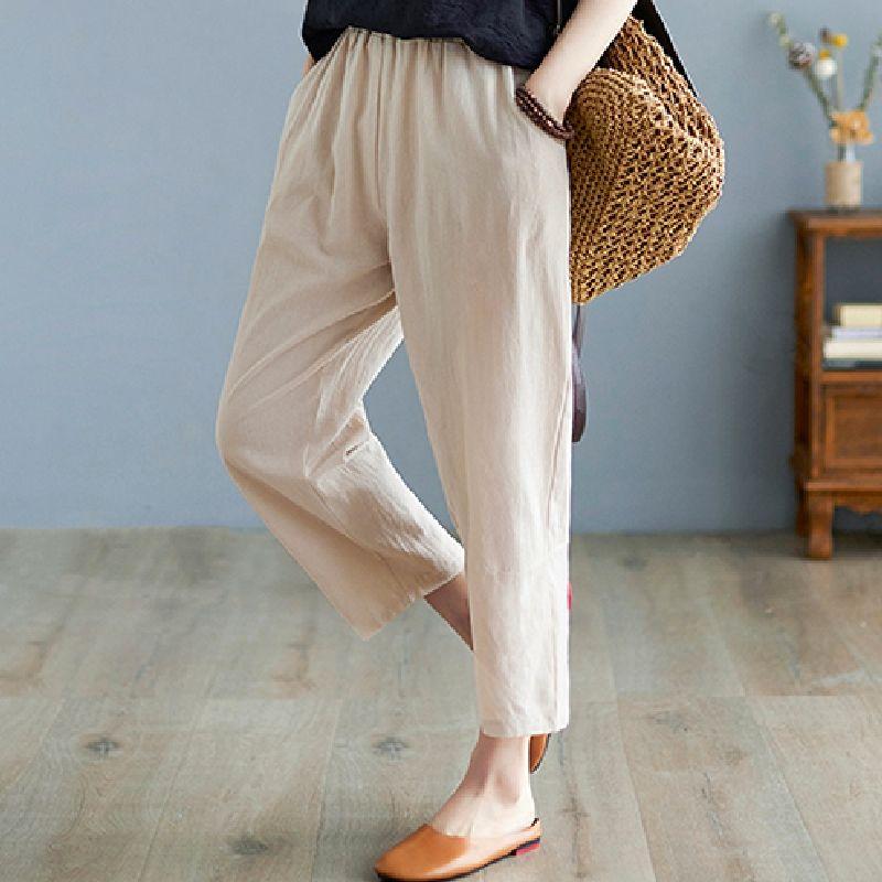 

M-4XL летние женские брюки с эластичной резинкой на талии, повседневные однотонные хлопковые льняные брюки до щиколотки, женские мешковатые брюки высокого качества 4XL хаки