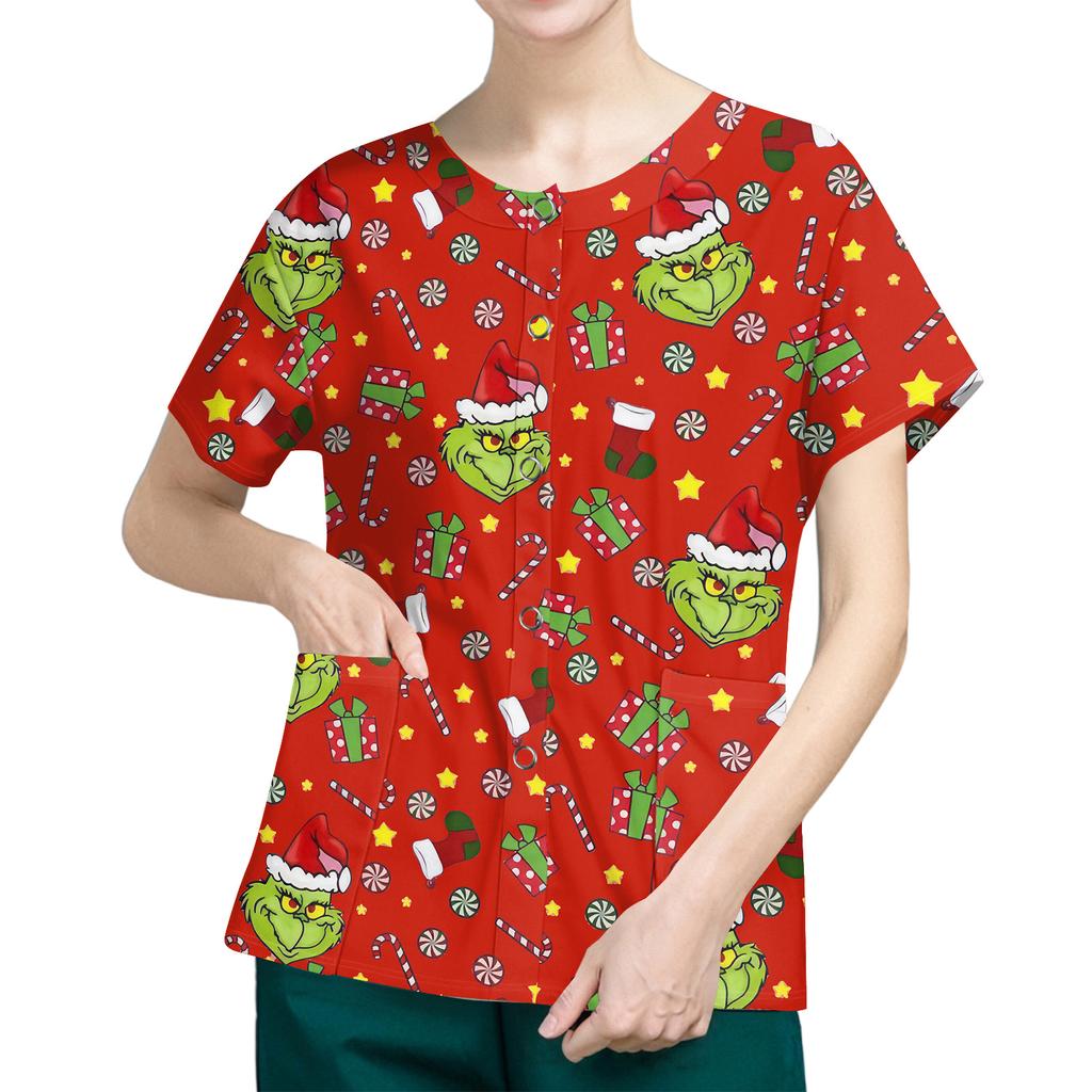 Women's Short Sleeved Patterned Pockets, Work Print Stand Up Collar, Single Breasted Protective Clothing, Cardigan Jacket, Top