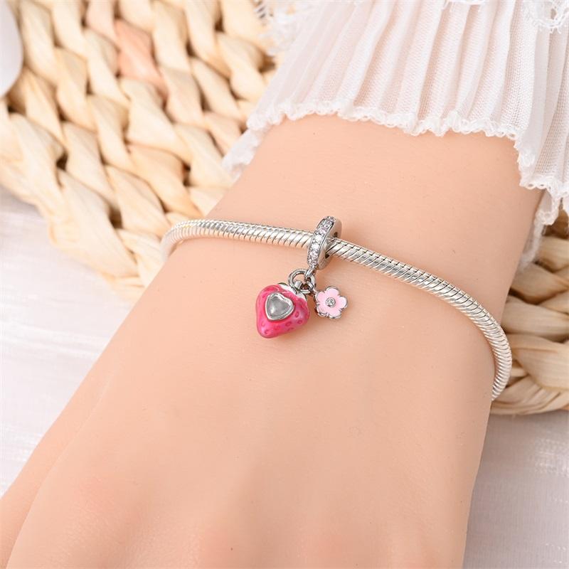 100% 925 Stering Silver Pink Glazed Strawberry Charms Bead Gem Change Color Pendant Fit Original Bracelet DIY For Women Jewelry