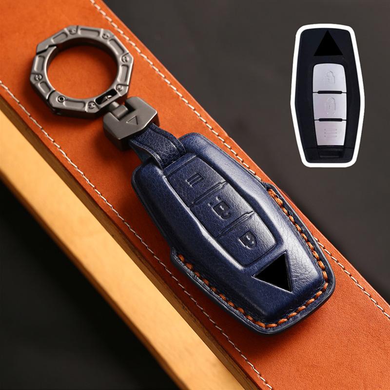 Leather Car Key Case Fob Cover Shell Keychain for Mitsubishi Outlander 2023 2/3 Bottons Car Smart Remote Key Holder Accessories