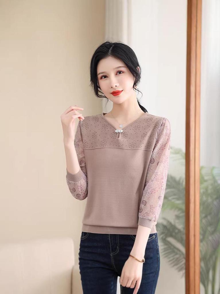 Spring Gauze Sleeve Knit Top for Middle-Aged Women