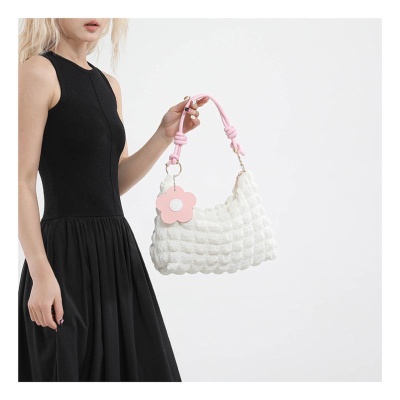 Women's Bubble Texture Round Cylinder Bag, Korean Style Floral Shoulder Handbag, Soft Lunch Tote with Zipper Closure