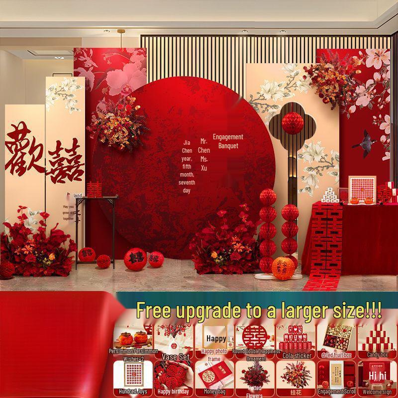 Complete Chinese Engagement Banquet Decoration Set with Backdrop and Tableware – Free Shipping
