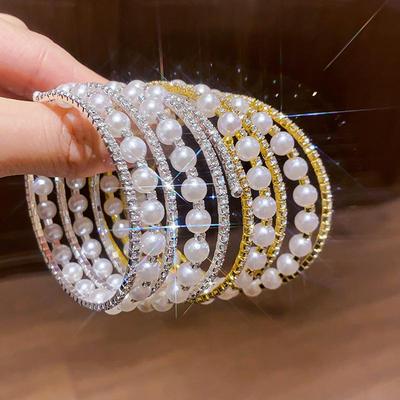 European & American Glamorous Pearl & Diamond Multi-Layer Open Bangle - High-End Light Luxury Autumn/Winter Women's Fashion Jewelry