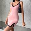 Neue V-ausschnitt Rosa Dünne Split Spitze Sexy Dünne Hüfte Strap Tank Mini Party Club Nacht Abendkleid Sexy Frauen Kleider vintage Tops