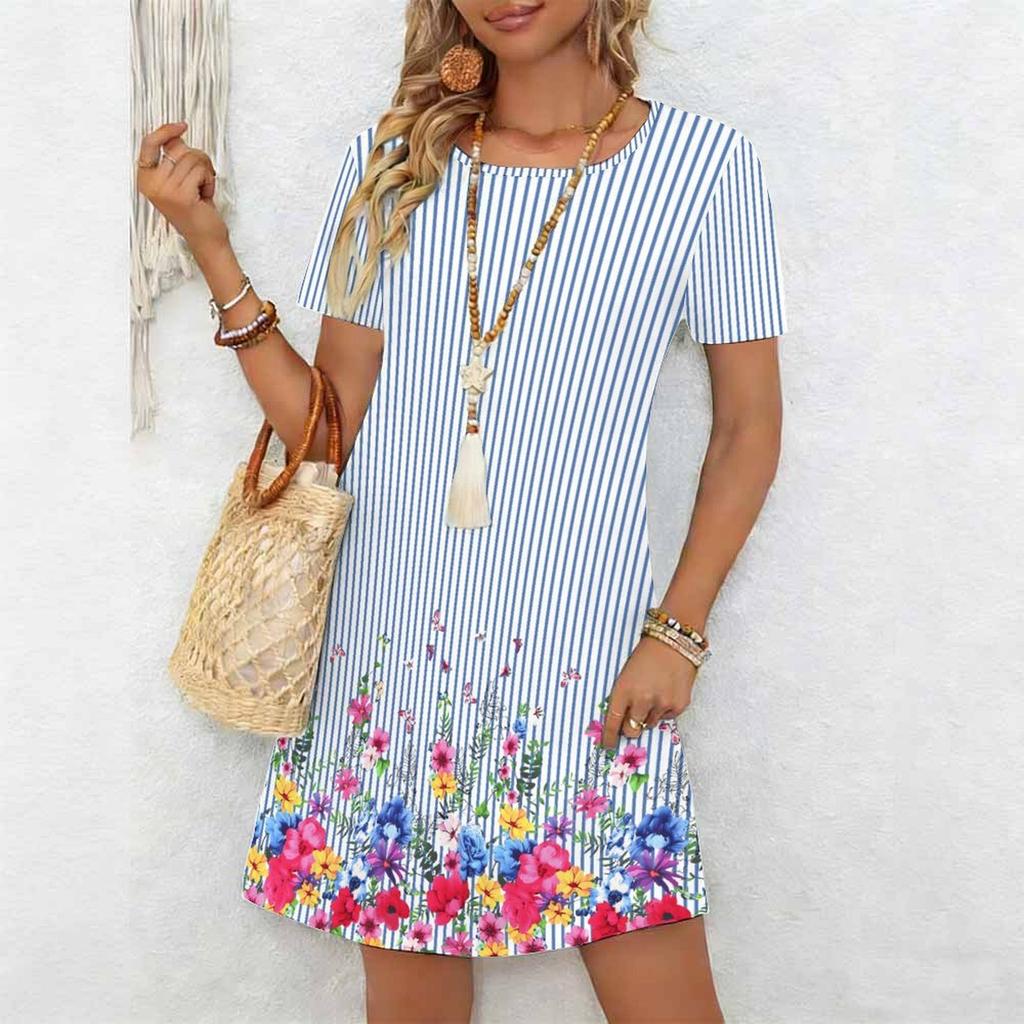 Damenmode Anmutig Schön Eine Knospe Kurz Vor Dem Aufblühen Sommer Frühling Kurzarm O-Ausschnitt Freizeitkleider