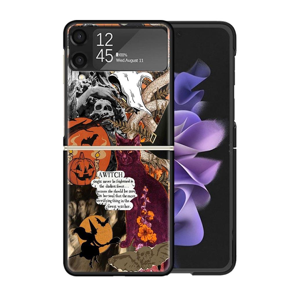 Halloween Fall Art Witch Cat Clear Phone Case For Samsung Z Flip 7 6 5 4 3 Galaxy ZFlip7 ZFlip6 ZFlip5 ZFlip4 ZFlip3 5G Print Co