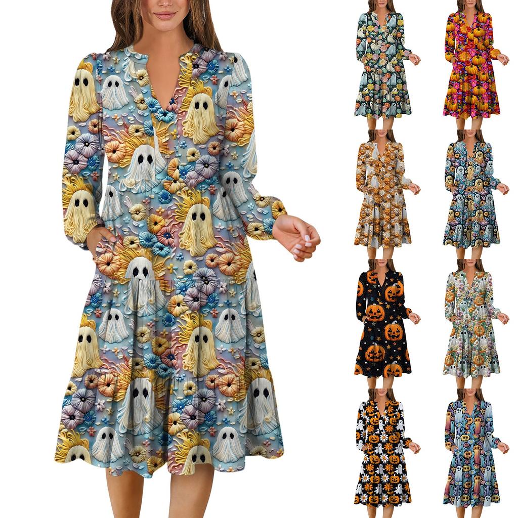Women's V-Neck Flowing Layered Bohemian Long Sleeve Halloween Print Dress