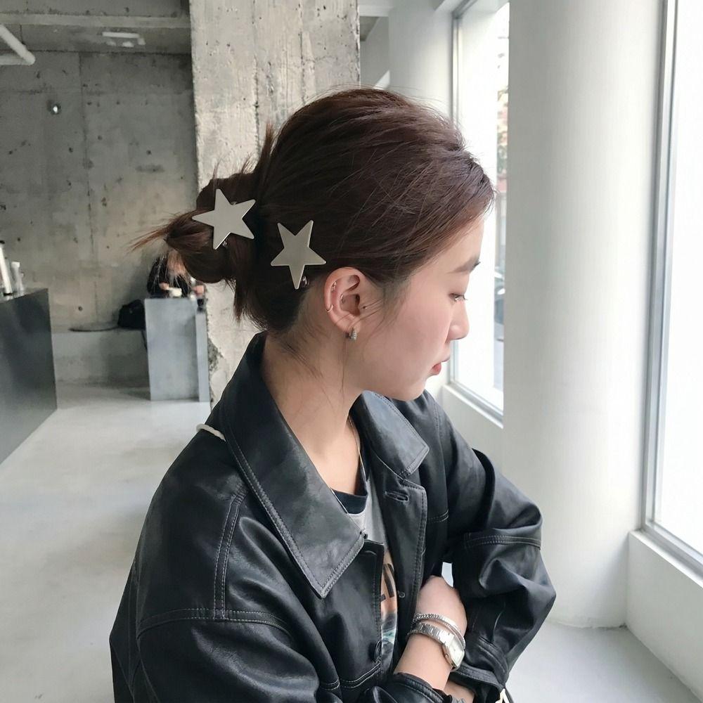 Y2K Silver Star Hair Clip Creative Metal Duckbill Clip Sweet Cool Cute Hair Barrettes  Women