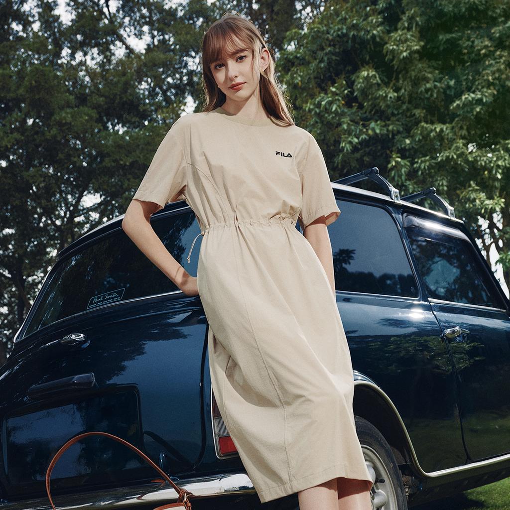FILA Original Fashion Simple Retro Casual Versatile Comfortable Loose Lightweight Outdoor Woven Short Sleeve Dress Women dresses F51W629310FDK