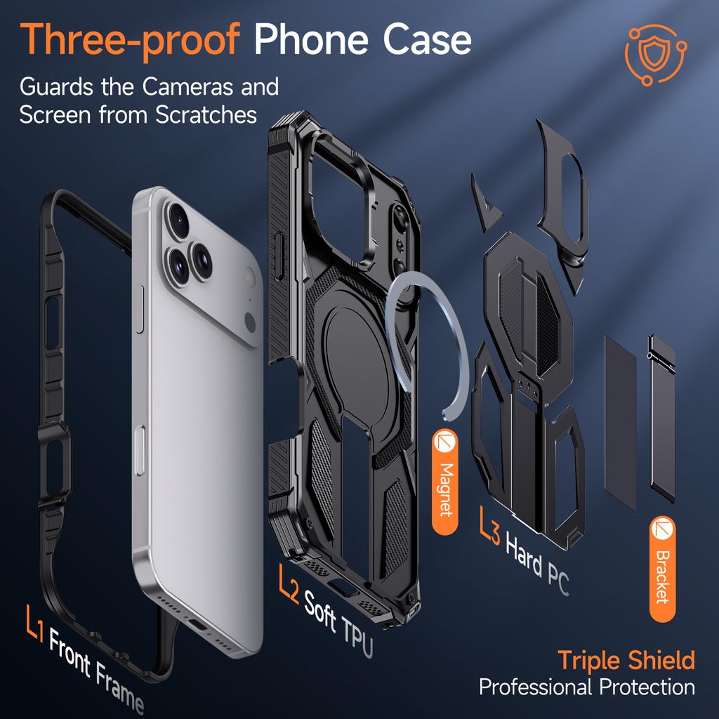 Heavy Duty Armor Shockproof Case For iPhone 12 13 14 15 16 Plus 16e Air 17 Pro Max TPU Plastic Metal Stand Magnetic Phone Cover