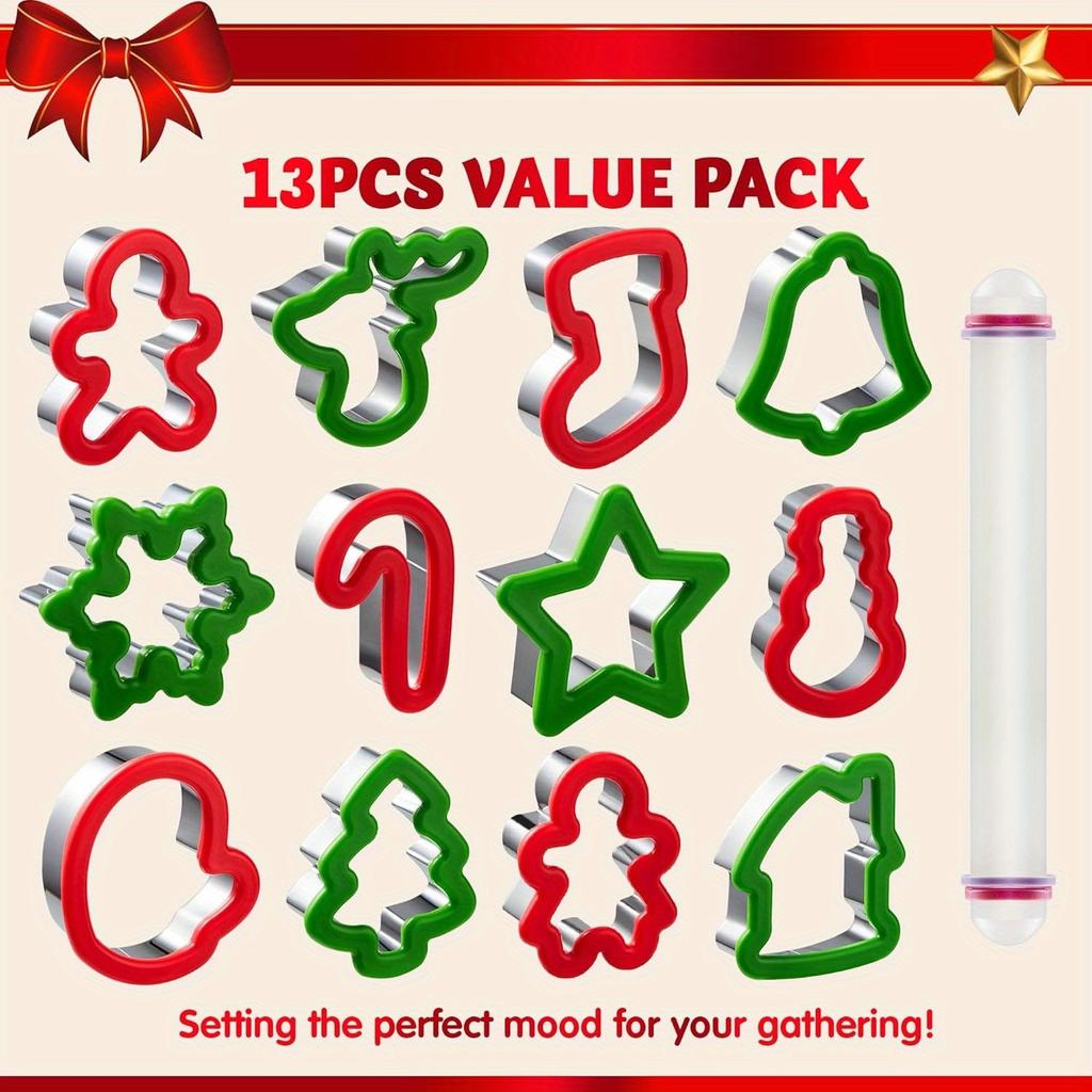 JOYFY 13 PCS Christmas Cookie Cutters in Stainless Steel with 3.5 plus Grip and a Rolling Pin for Xmas Holiday Party Baking