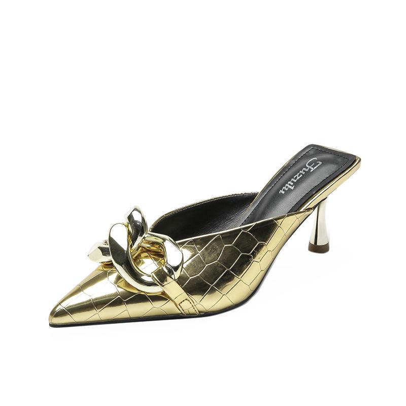 

Сандалии Baotou на высоком каблуке с серебряной цепочкой для женщин - Европейская и американская коллекция Лето 2023 36 золотой