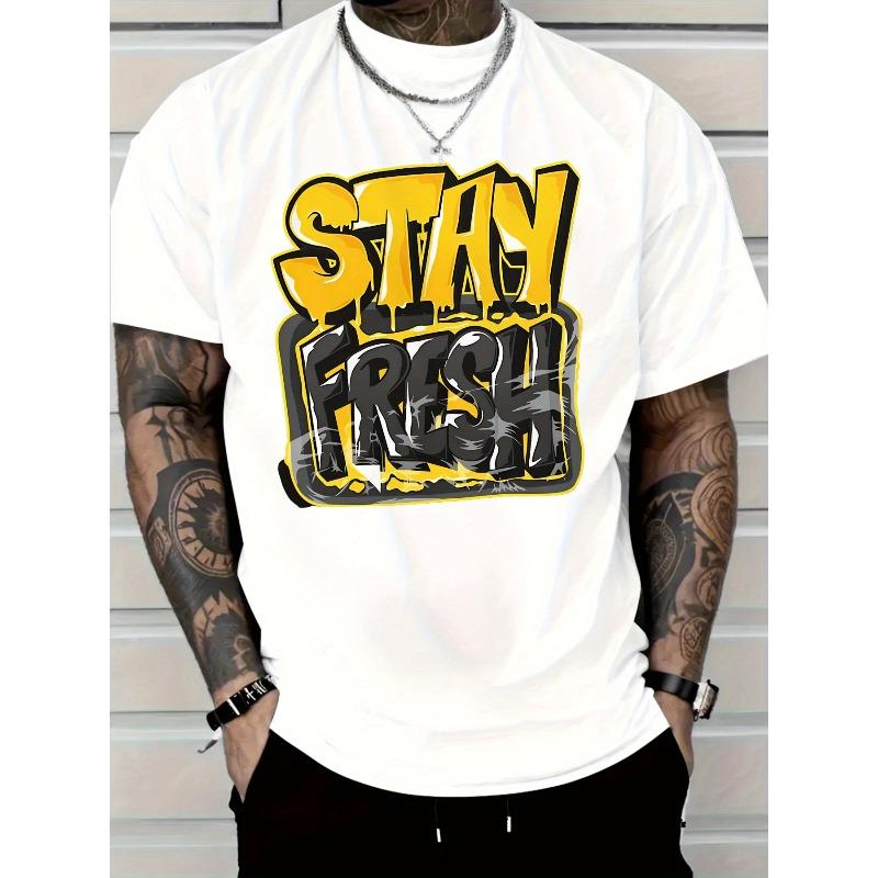 

Мужская футболка Streetwear с графическим принтом Stay Fresh - Повседневная футболка с круглым вырезом и коротким рукавом, Всесезонная, Удобная посадка, Уличный стиль, Мягкий материал S белый