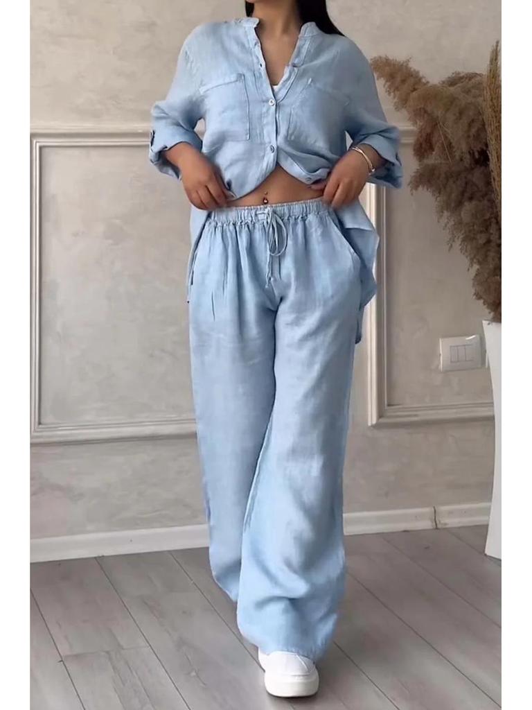 GD2024 European-American Casual Cotton Linen Shirt & Drawstring Wide-Leg Pants Set