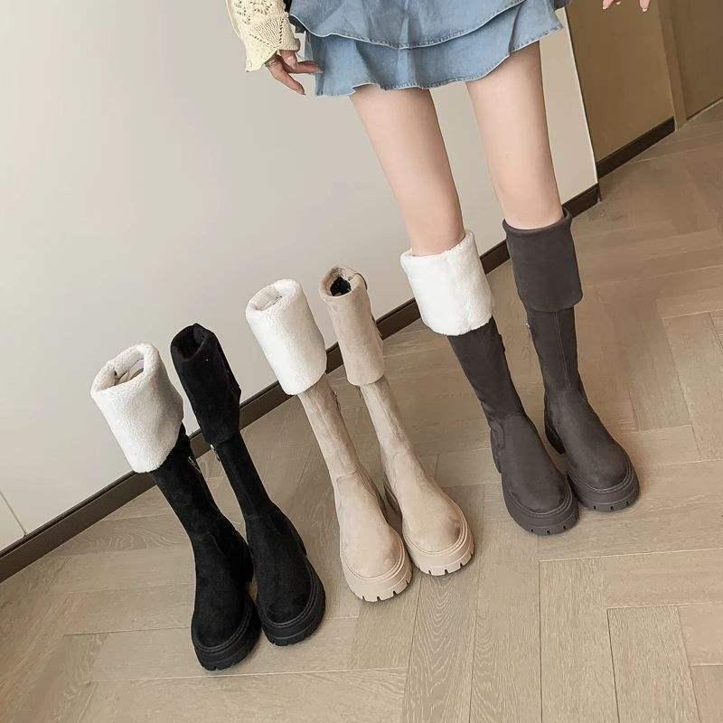 Women's Suede Two-Way Over-the-Knee Furry Thigh-High Boots, 2025 Autumn/Winter, Thick Sole, Fits Small/Large Calf