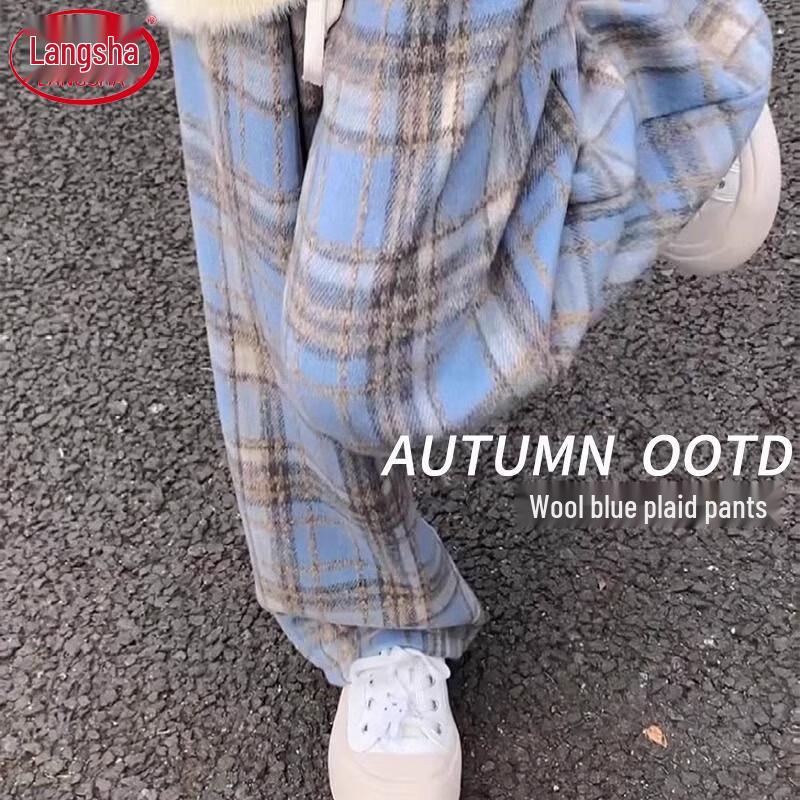 Langsha Yamamoto Women s High-Waist Plaid Wide-Leg Wool Blend Pants L