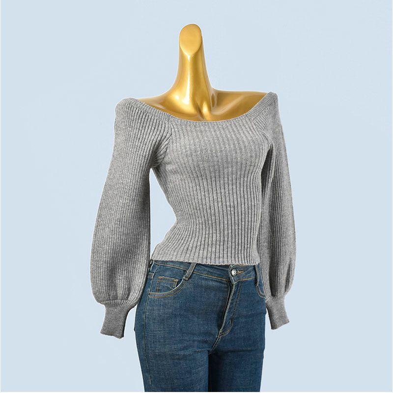 French Style Temperament Fall and Winter Square Collar Slimming Slim and Sexy off-Shoulder Short Knitted Long Sleeve Sweater Base Tops Women