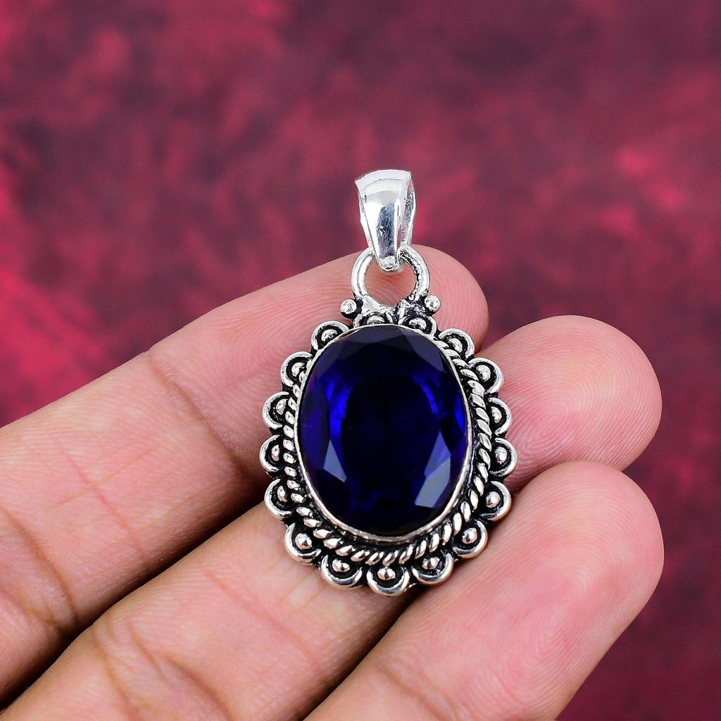 Blue Sapphire Pendant, Handmade Gemstone Pendant, 925 Solid Sterling Silver Pendant Antique Jewelry, For Engagement Gift