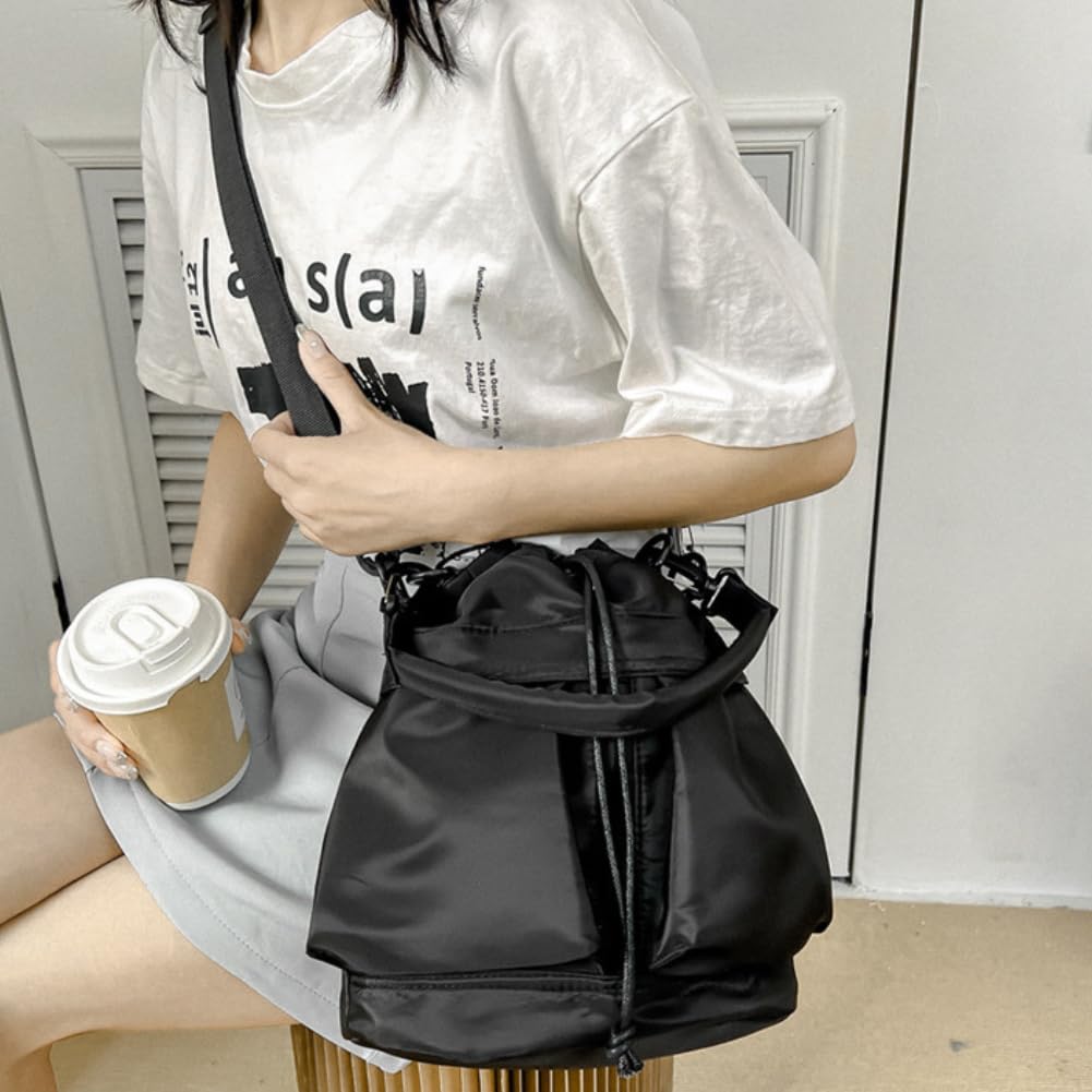 Damen-Nylon-Beutel mit 2-Wege-Kordelzug, ultraleicht, kann in der Hand oder über der Schulter getragen werden, mit einem Kordelzugriemen (schwarz)