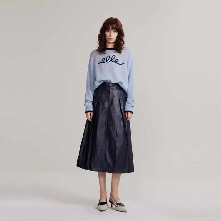 ELLE French Design Pleated Midi Skirt Solid Color Vintage Style Leather Long Skirt Women skirts Dark-Blue ER40050