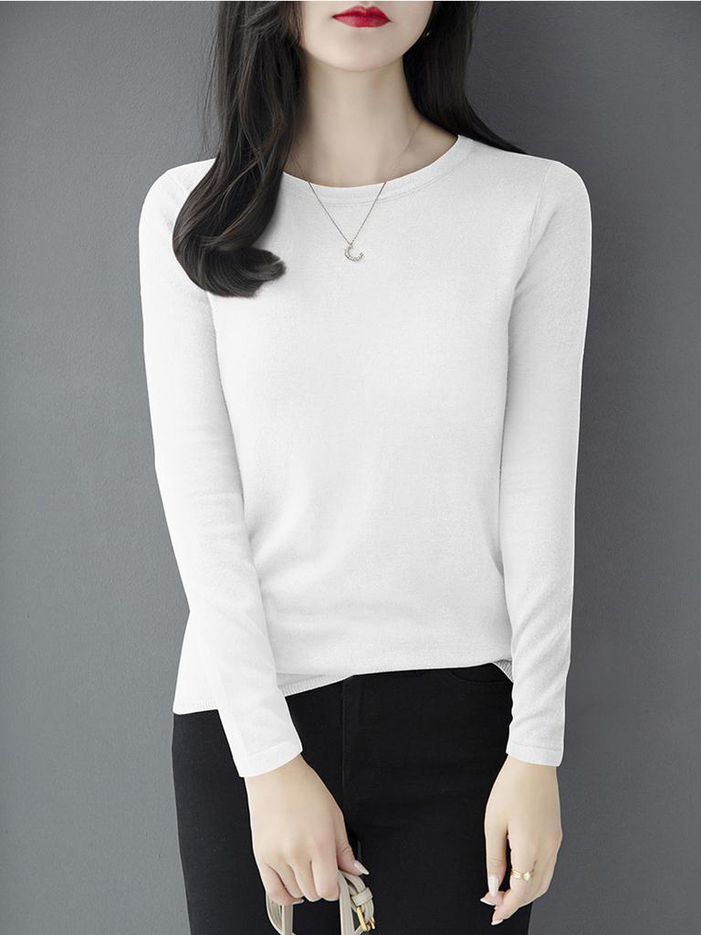 Women Crew Neck Long Sleeve Knit Top Slim Fit Solid Color Basic Layering Sweater For Autumn 2025