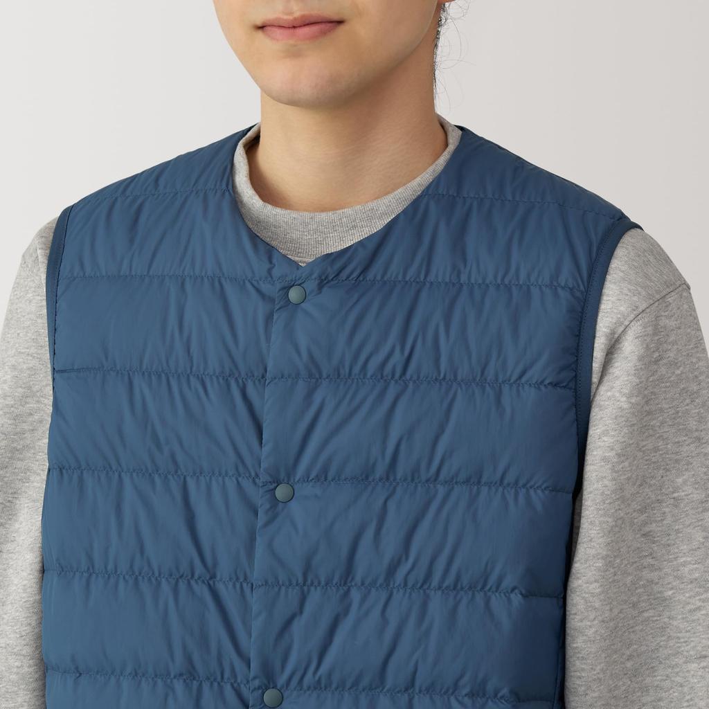 MUJI Lightweight Down Collarless Vest AD0U7A4A Smoky Size L Men's (Anti-Static Lining) Blue,