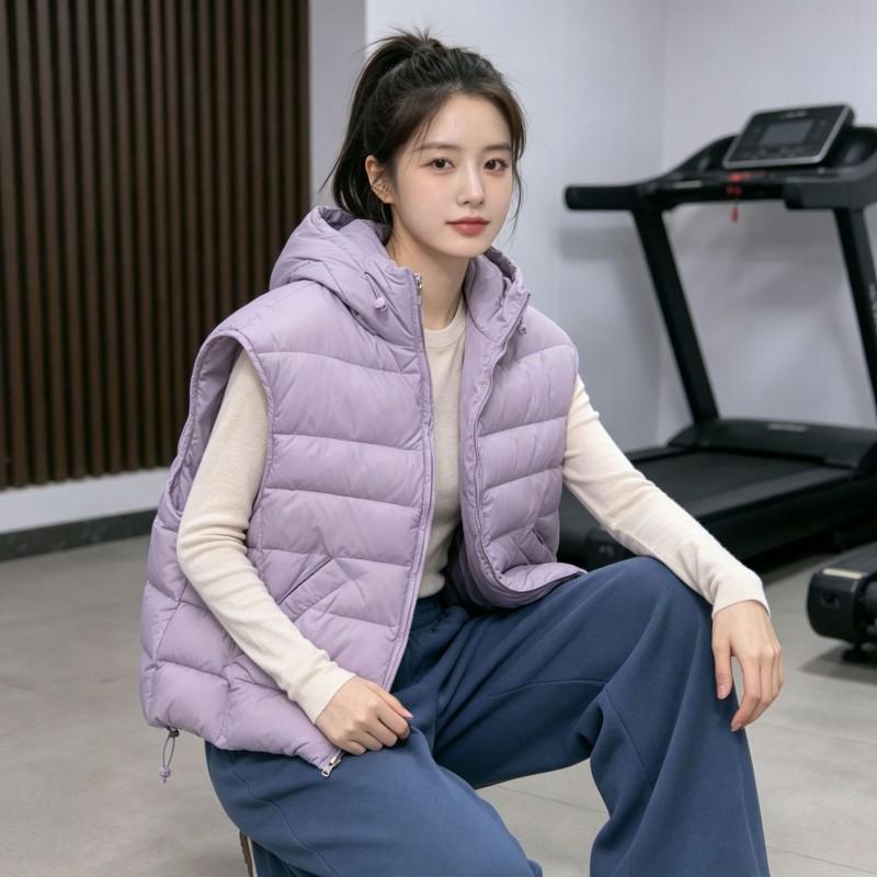 Womens Lightweight Hooded Puffer Vest Solid Color Warm Outerwear Winter Casual Office Wear