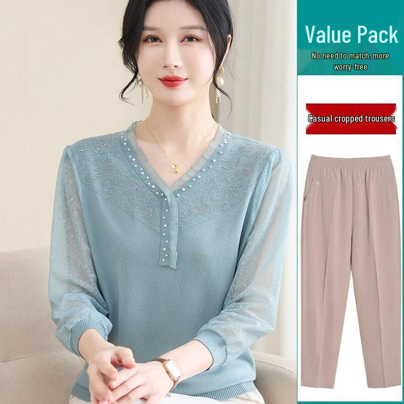 2026 Spring Collection: Stylish Ice Silk Blouse & Gauze Sleeve Knit Top for Moms, Perfect for Middle-Aged and Elderly Women In Spring and Autumn.
