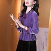 Bow V-neck Velvet Shirt Top 2025 Autumn and Winter Women's Skirt Waist Shirt