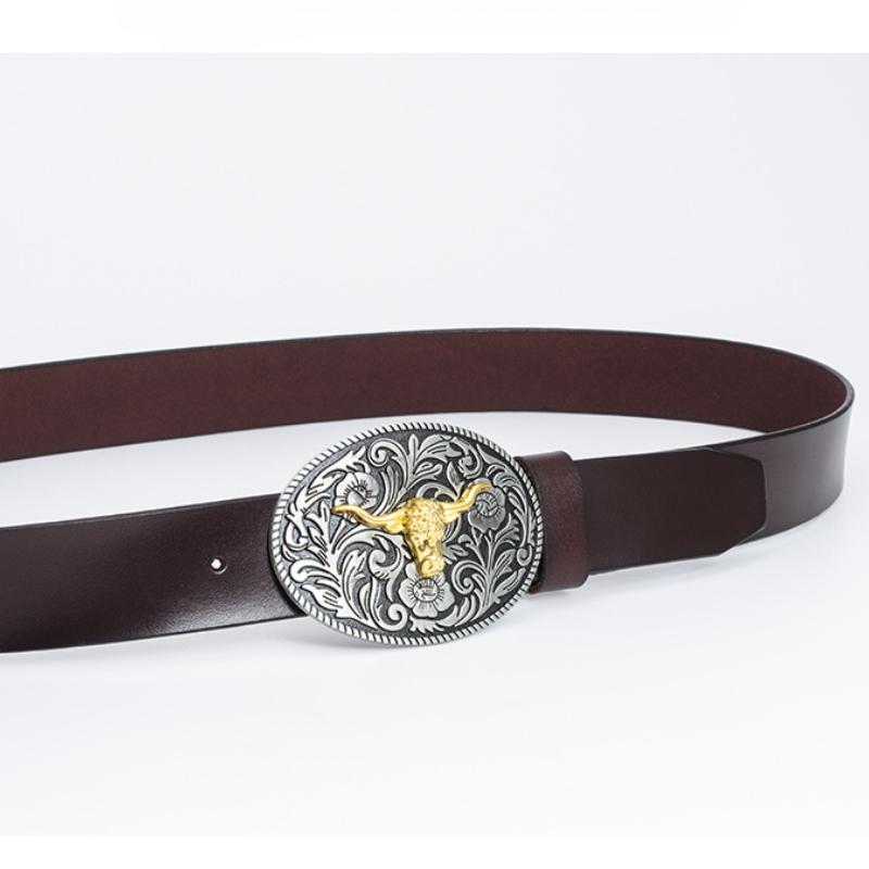 Fashion Personality Western Denim Belt Gold Plated Retro Cow Head Belt Men's Cow Leather Belt