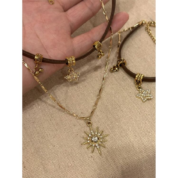 Metal Chain Necklace with Sunflower and Star Pendants Clavicle Choker for Women