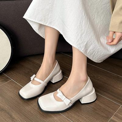 Spring New Coarse Heel Single Shoes Women's Square Head Shallow Mouth Butterfly Knot Non-slip Low Top Shoes