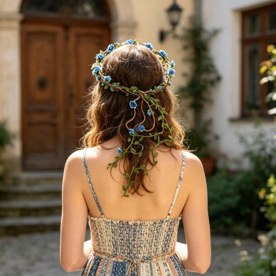 Couronne de Fleurs Roses avec Liane de Cheveux Bandeau Floral Bohème Couronne Florale Hawaïenne Couronne Florale de Fête pour Mariage Photos de Vacances à la Plage