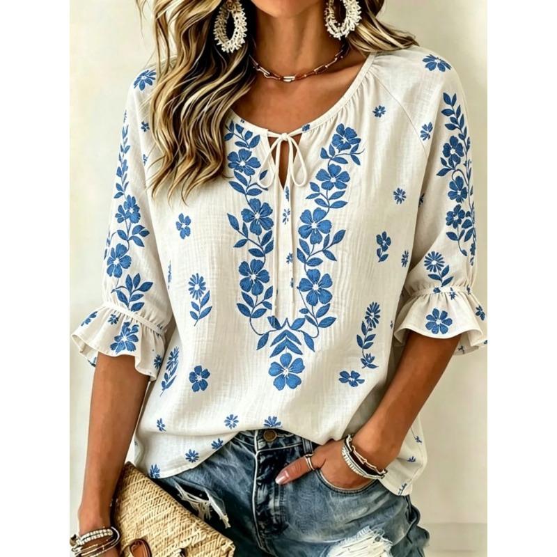 Damen Weiße & Blaue Ethnische Blumenprint-Bluse mit Bindekragen, Lässige Lockere Tops für Frühling Sommer Alltag & Urlaubsanlässe