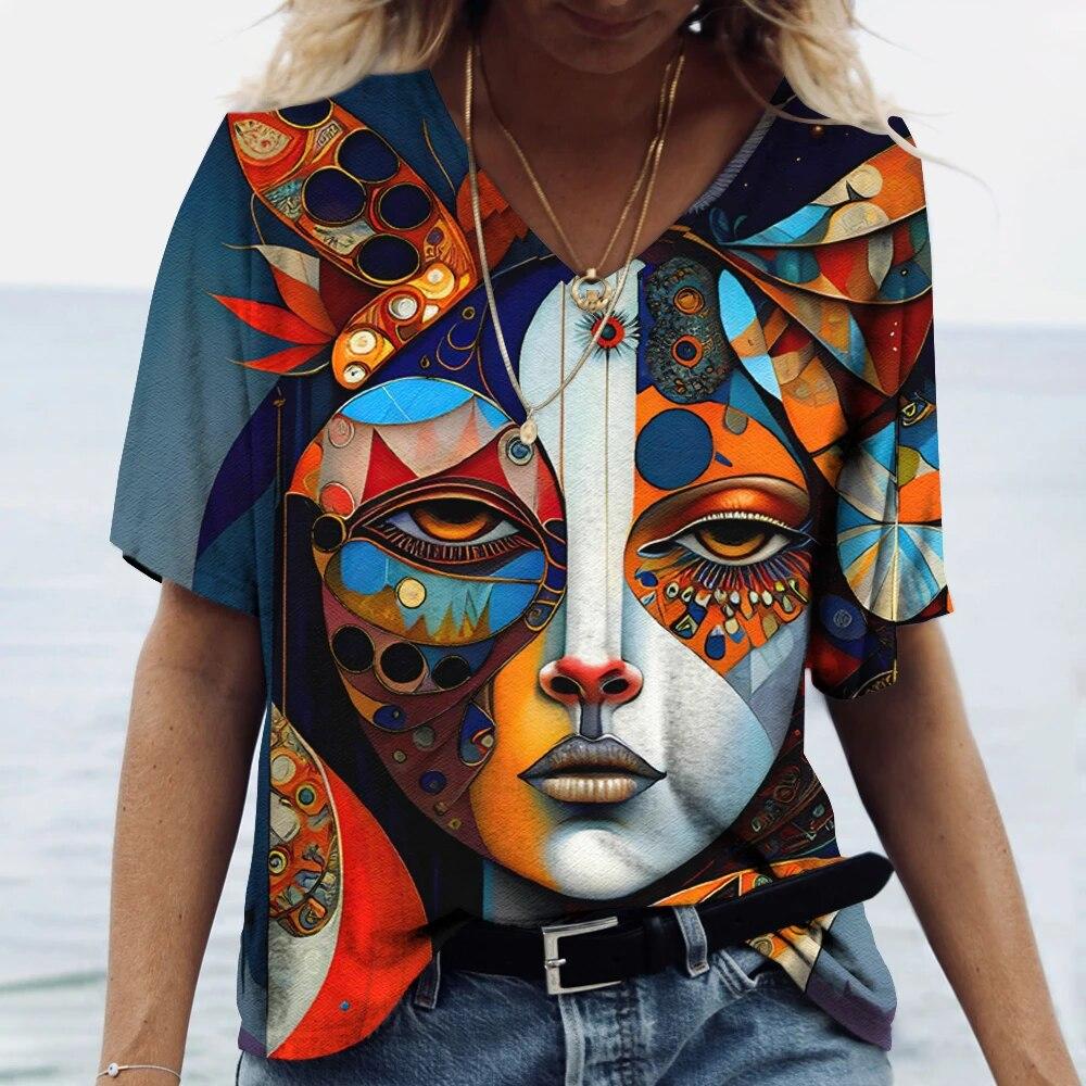 3D Painting Face Women's T-shirt Basic Harajuku Tops Summer Casual Short Sleeve V-Neck Loose Streetwear Female Fashion Pullover