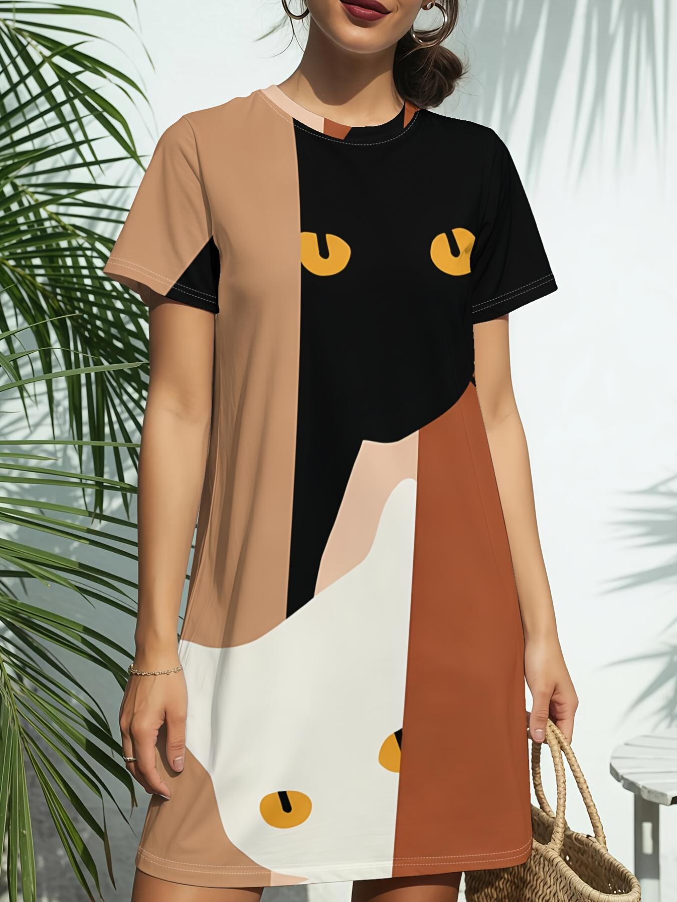 

Women s Short Sleeve T-Shirt Dress with Round Neck - Black ; White Cat Print Casual Dress Suitable for Daily Wear. Dates. Birthday Gifts Spring Summe 8XL дубильна кора