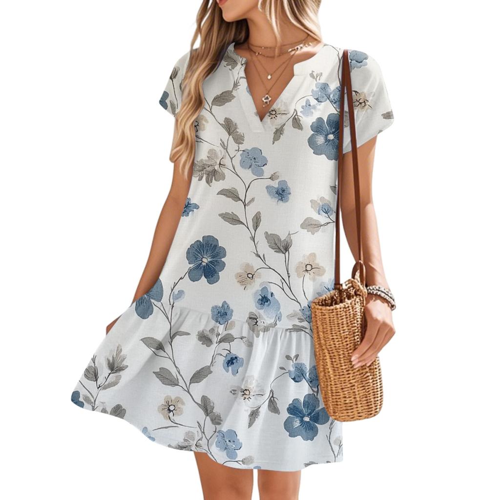 Women's Dresses Short Sleeve V-Neck Floral Printed Loose Casual Temperament Beach Dresses